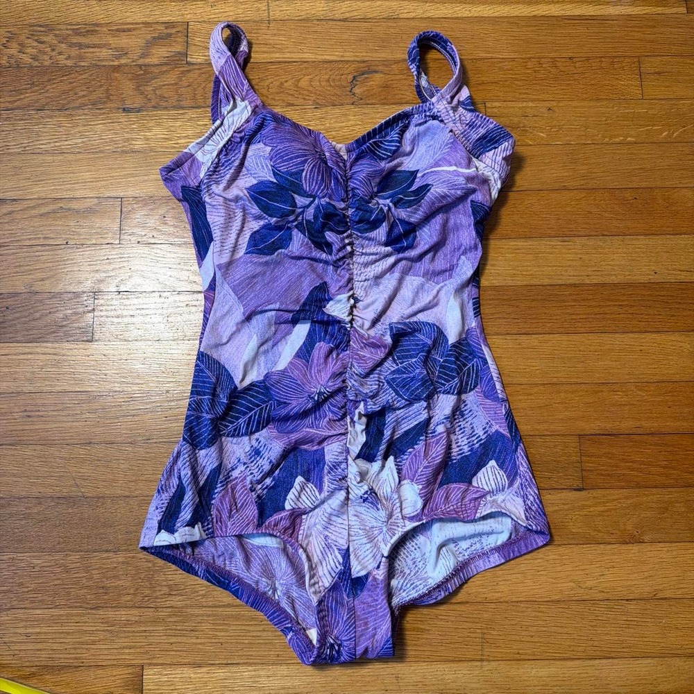 Maxine of Hollywood Vintage 90s Purple Hibiscus Floral One Piece Swimsuit Size 8